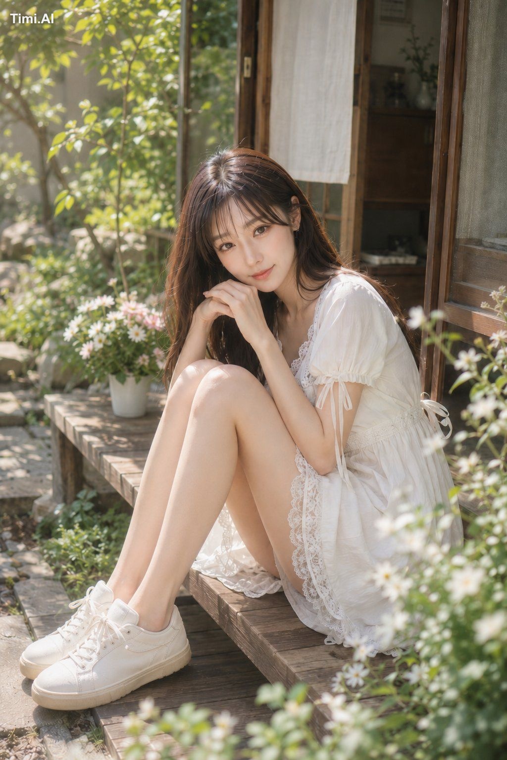 朝の光がやわらかい日は、少しだけゆっくり始めたくなる。 白いワンピースと花の影に包まれて🌼🤍✨🫧 #AIart #AI写真 #朝の庭 【…