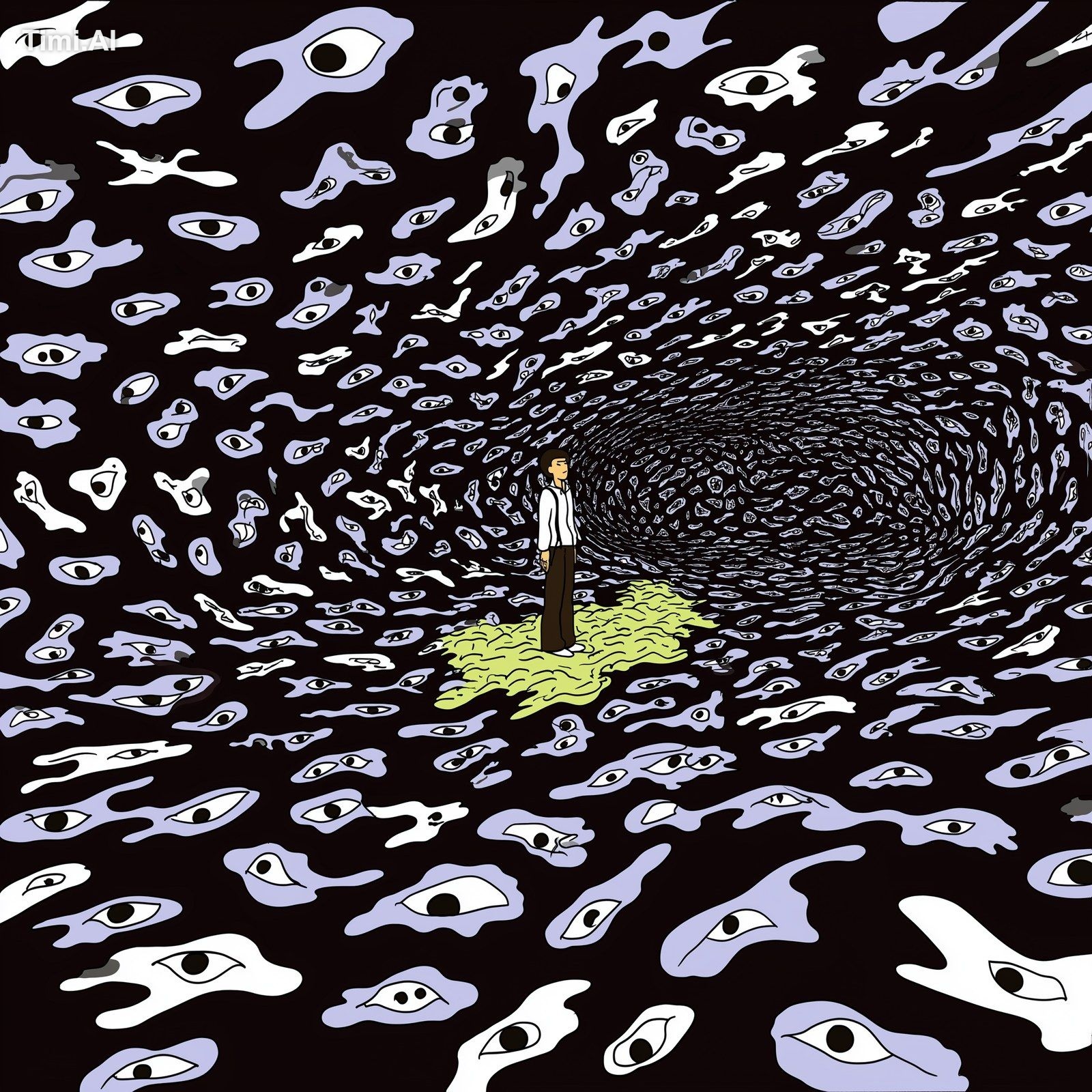 a surreal video of man walking in trippy, hallucinate tunnel and full o…