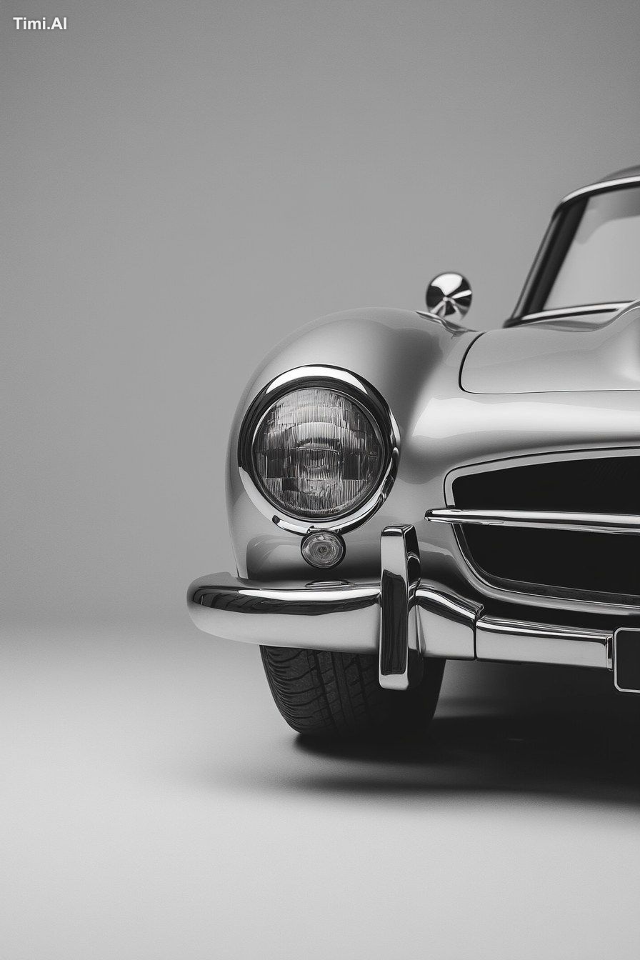 Photorealistic, wide-angle shot of a grey, silver Mercedes-Benz 300 SL …