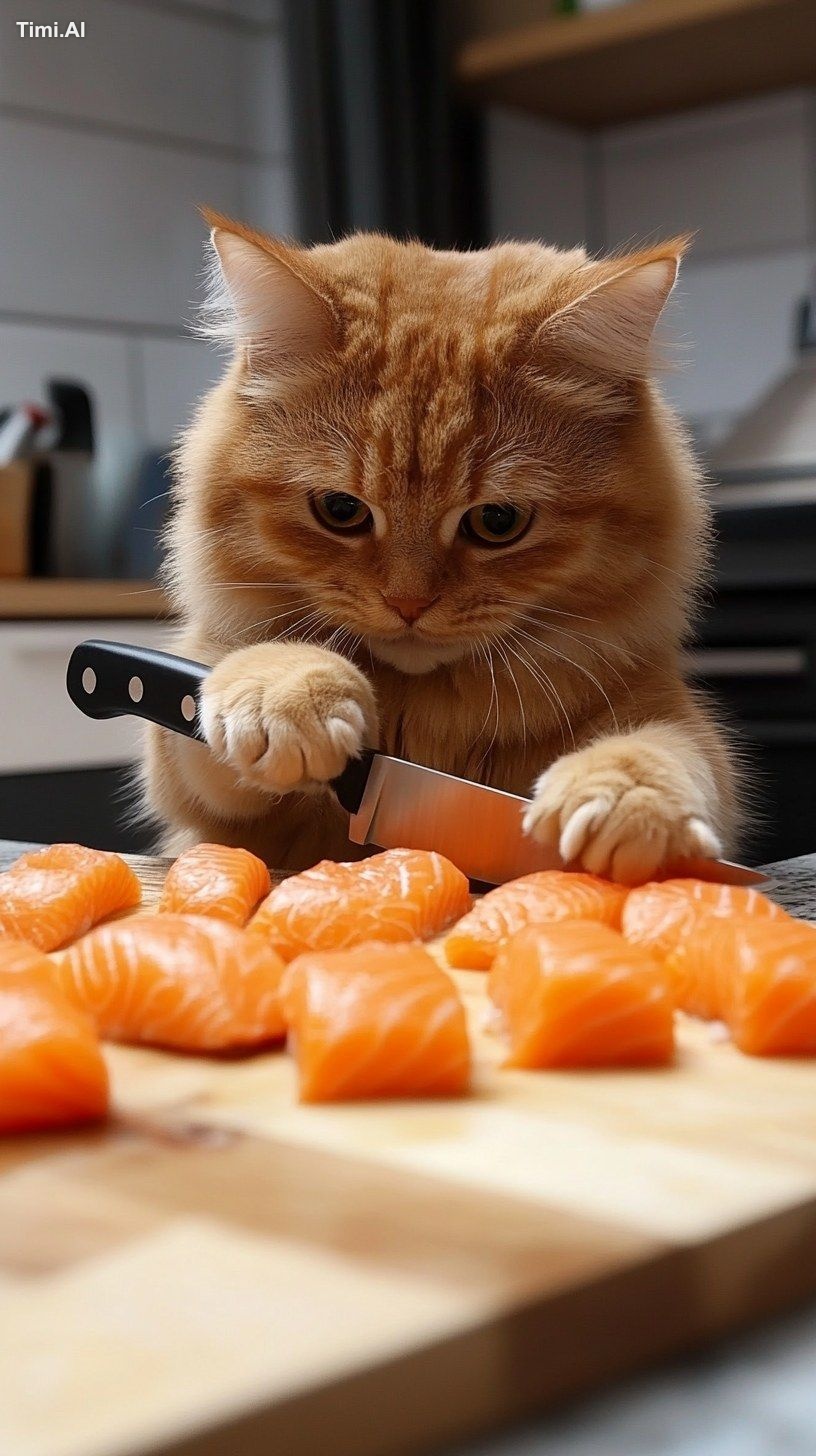 The cat has a knife in his hand and cuts the fish one by one. --ar 9:16…