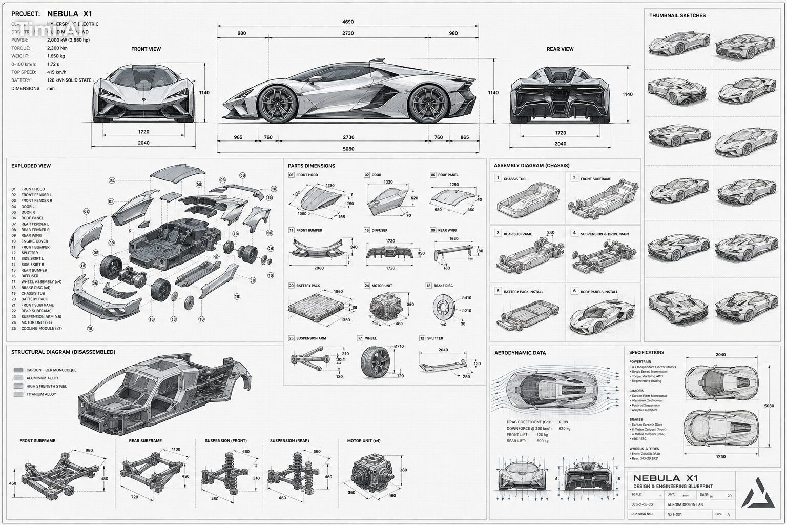 A technical drawing of a futuristic sports car in blueprint style. Incl… 1