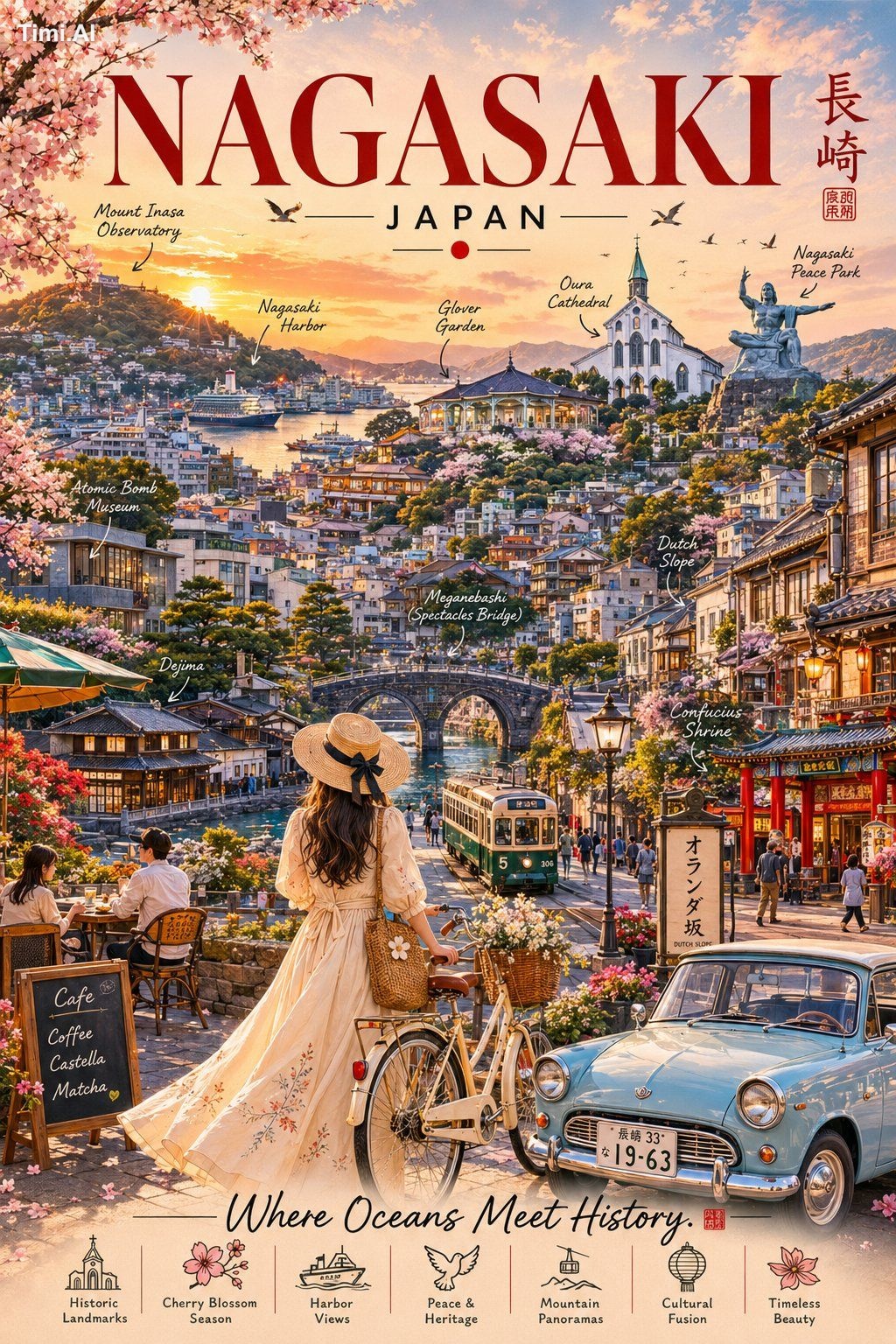 Create an ultra-premium editorial travel poster for NAGASAKI, JAPAN tha…