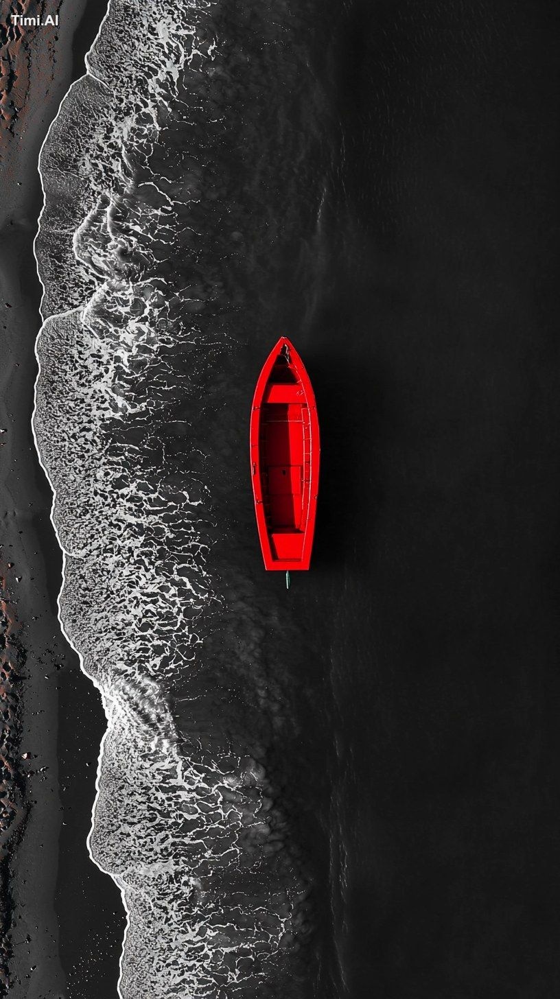 NASA aerial view, coast, beach, silent gray tones, red boat, style wall…
