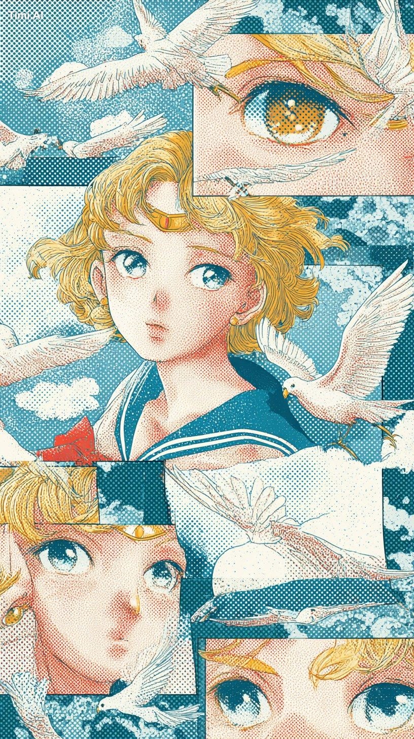 9:16, digital illustration, manga sticker collage style, textured blue …