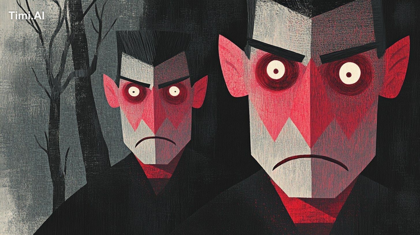 Illustration, close-up of greedy, evil-looking adults' heads, dark and …