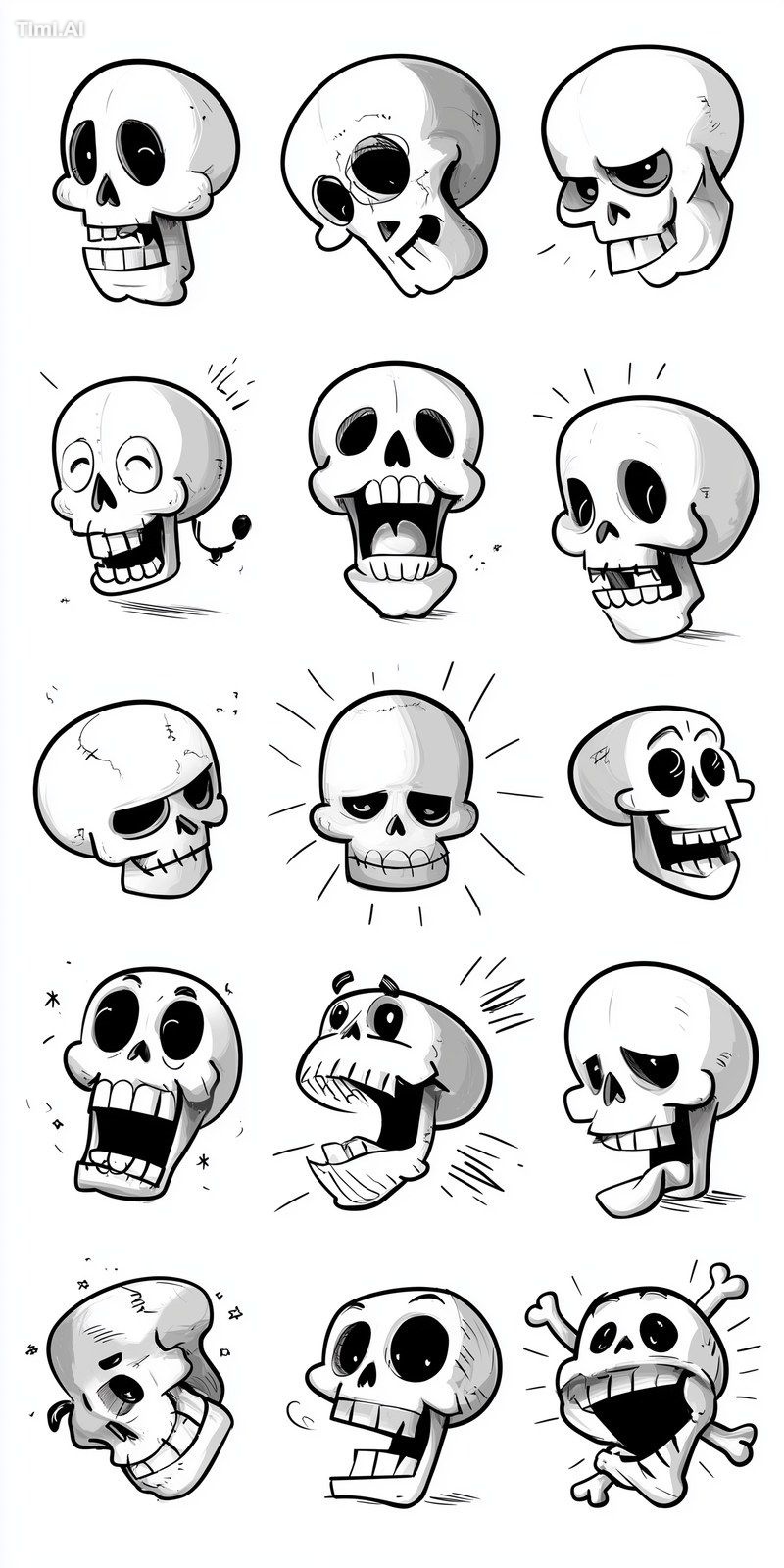 a collection of cartoon-style skulls and crossbones, various angles and…