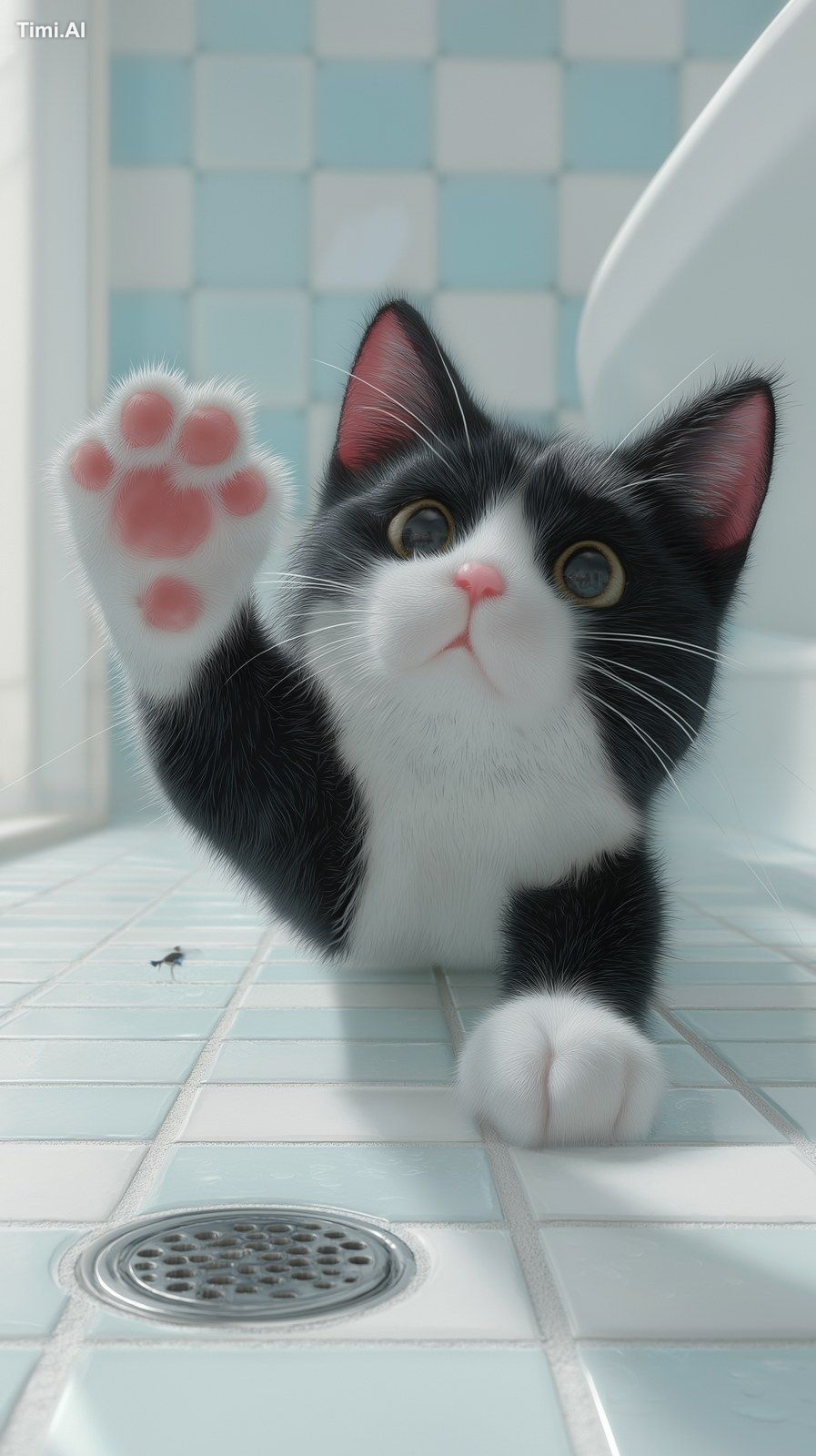 A photorealistic, ultra-detailed full-body tuxedo cat in a clean bright…