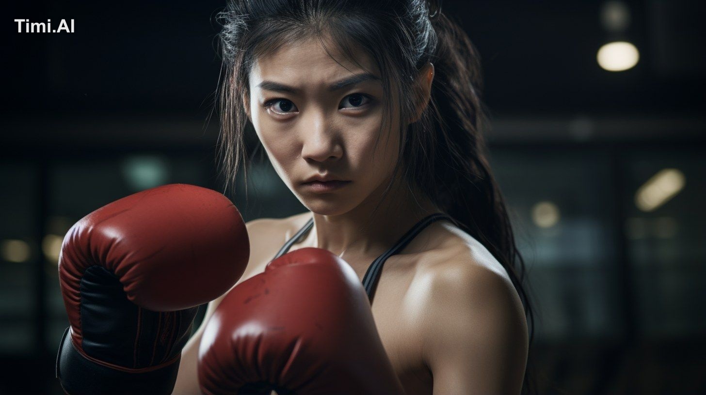 Close up of boxer boxing position wearing boxing gloves. Asian woman. 1…