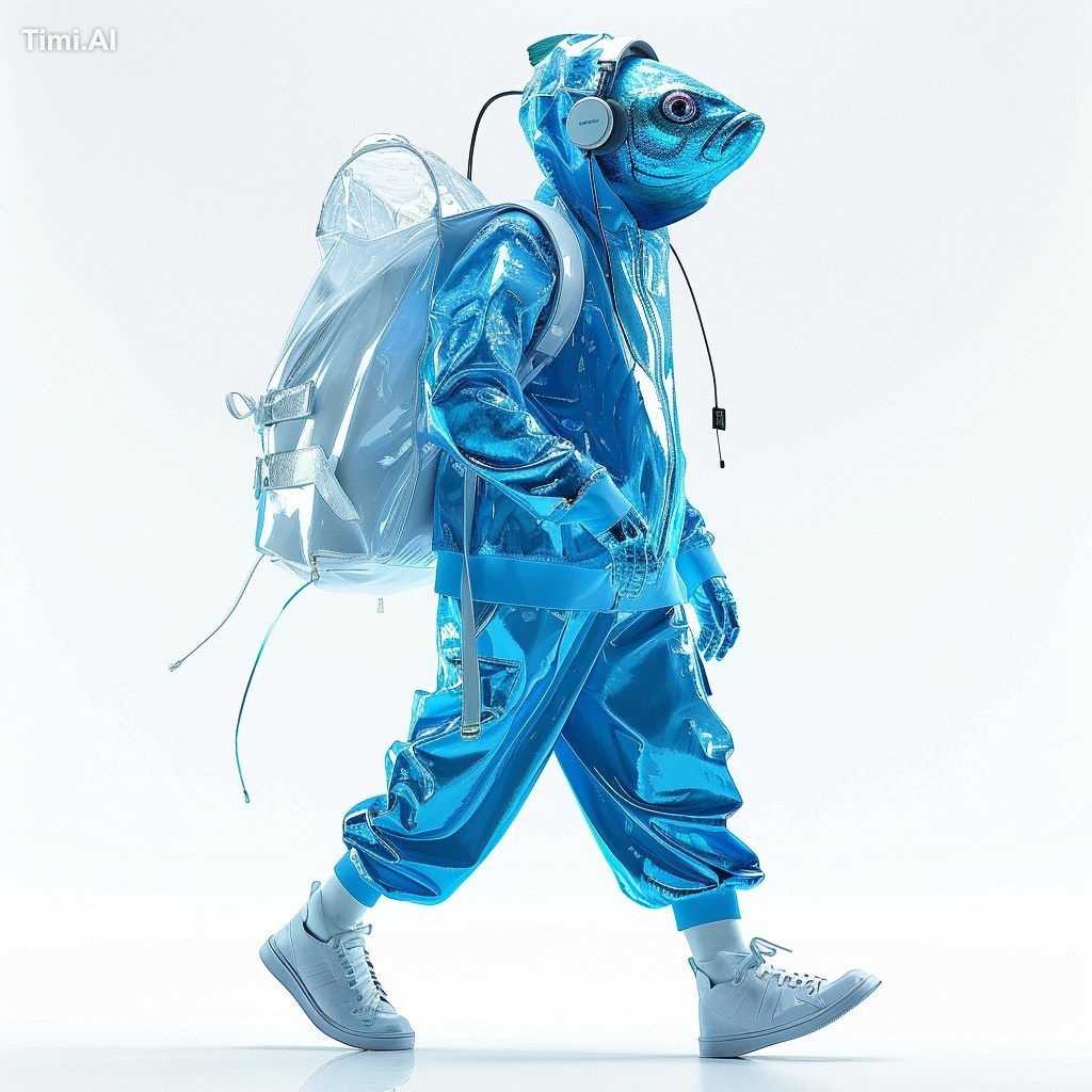 A fish-human hybrid with a fish head and a human body, dressed in blue …