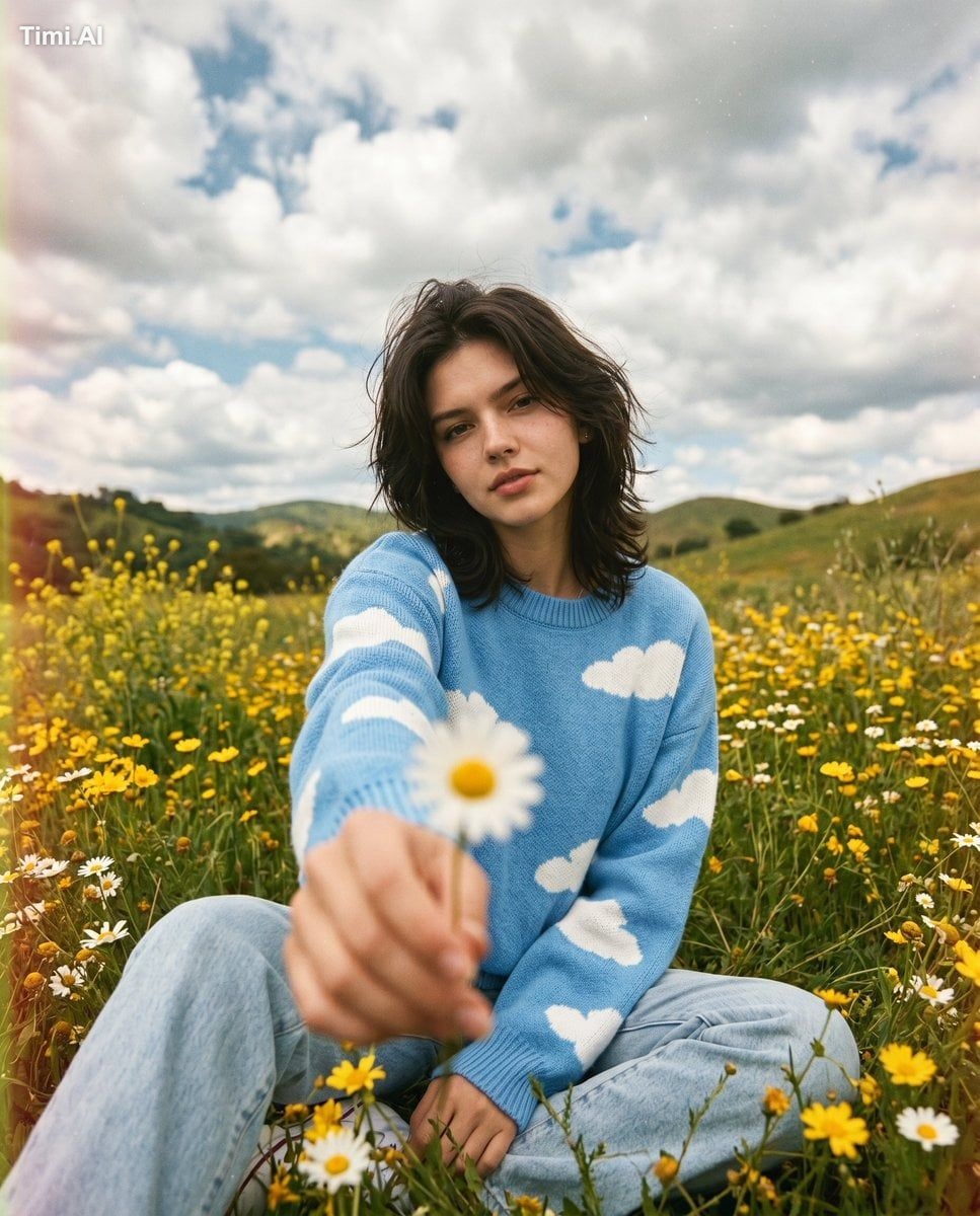 cinematic, wide-angle portrait of her sitting in a wildflower field dur…