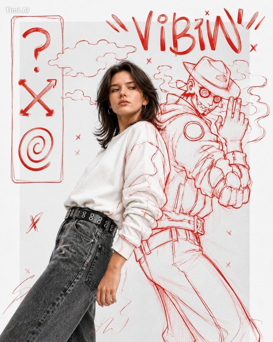 A high fashion mixed media editorial portrait that blends realistic fas…