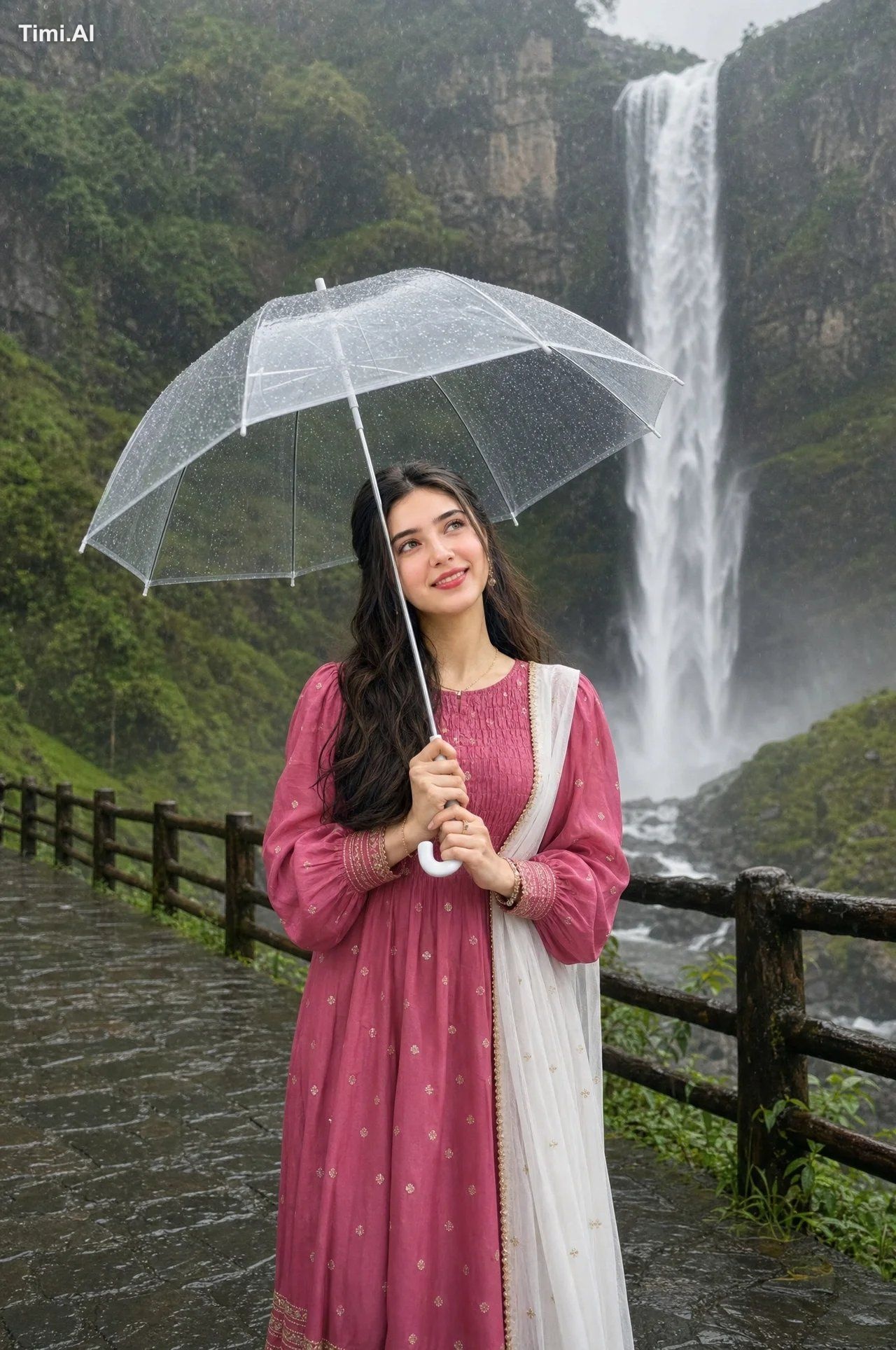 Photorealistic portrait of a beautiful young woman walking on a wet sto…