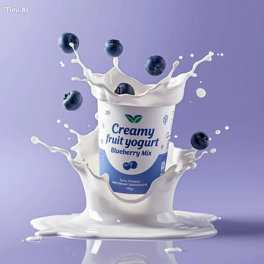 High-end commercial product photography of a (yogurt cup) labeled “(Cre…
