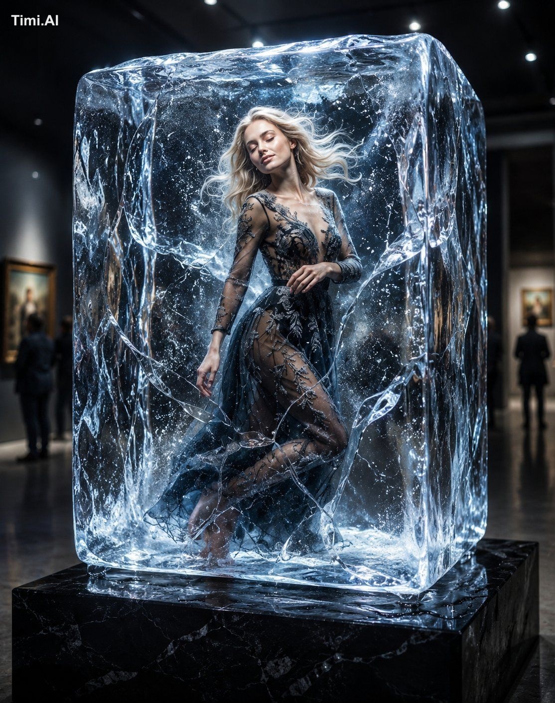 An impossibly beautiful Scandinavian woman frozen inside a gigantic cry…