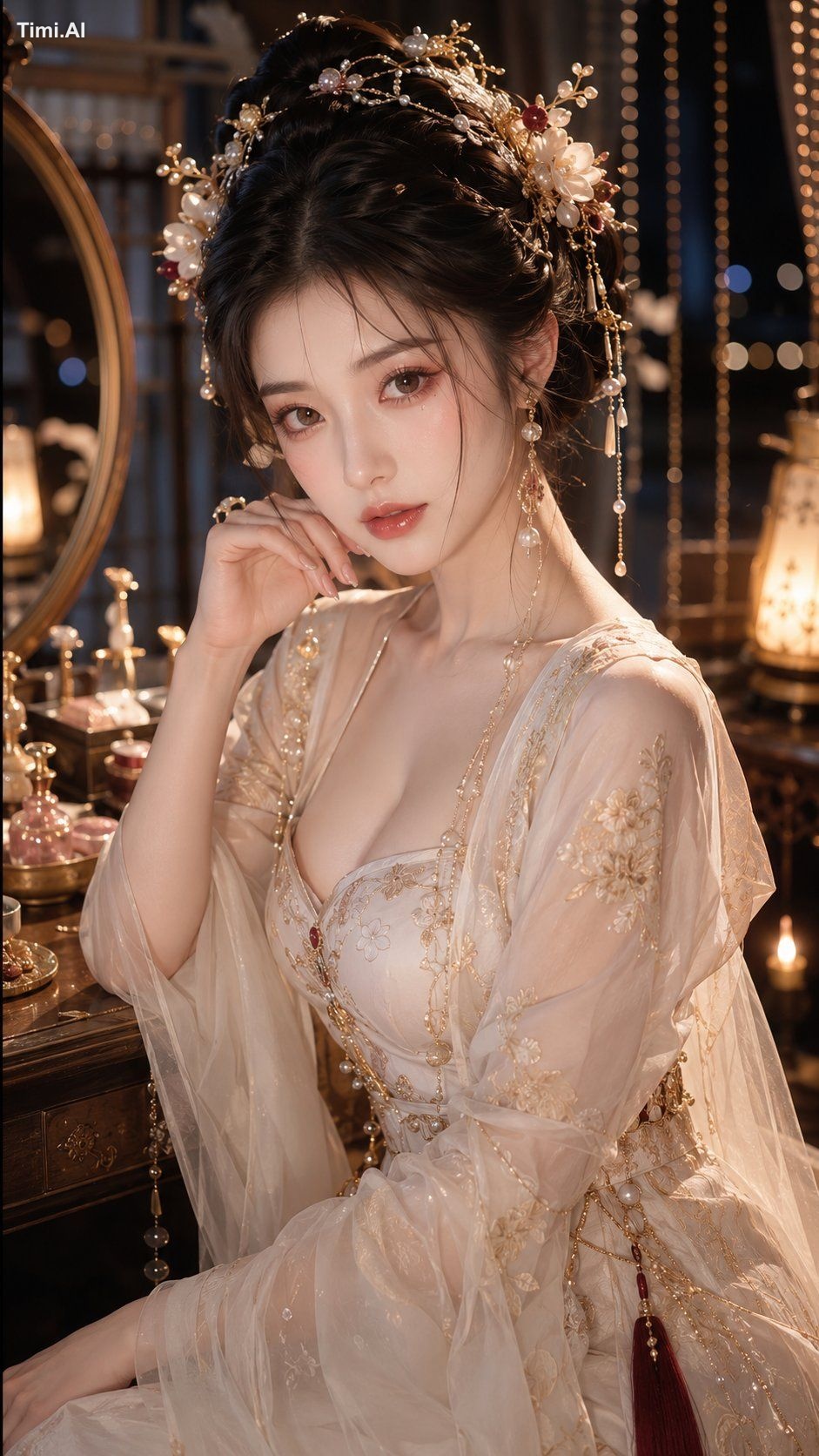 9:16 竖版，古风贵女夜灯水光美妆特写，东方古风贵女人像，半身近景，妆台前正面轻侧身构图，人物坐在妆台前，身体轻微侧向镜头，姿态自然优雅，一…