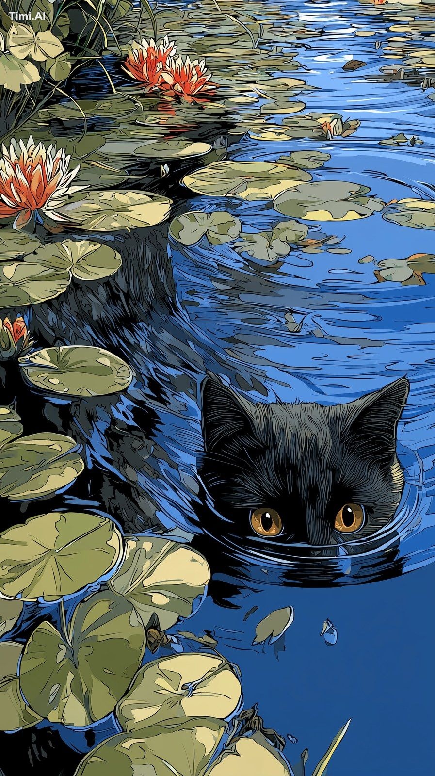 A black cat swimming in the water, by Claude Monet style, Claude Monet …