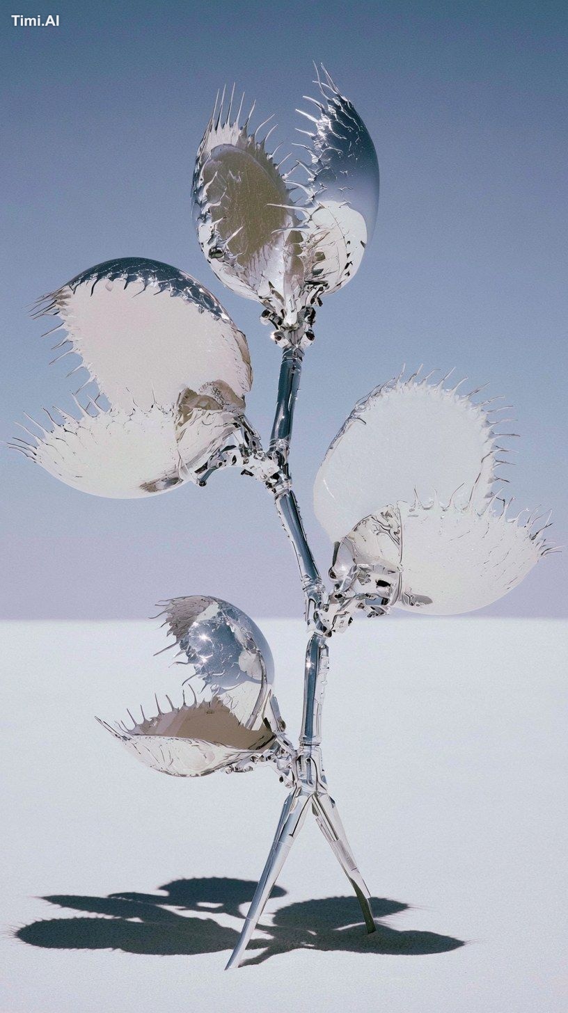 chrome venus flytrap sculpture, cluster of metallic carnivorous plants …