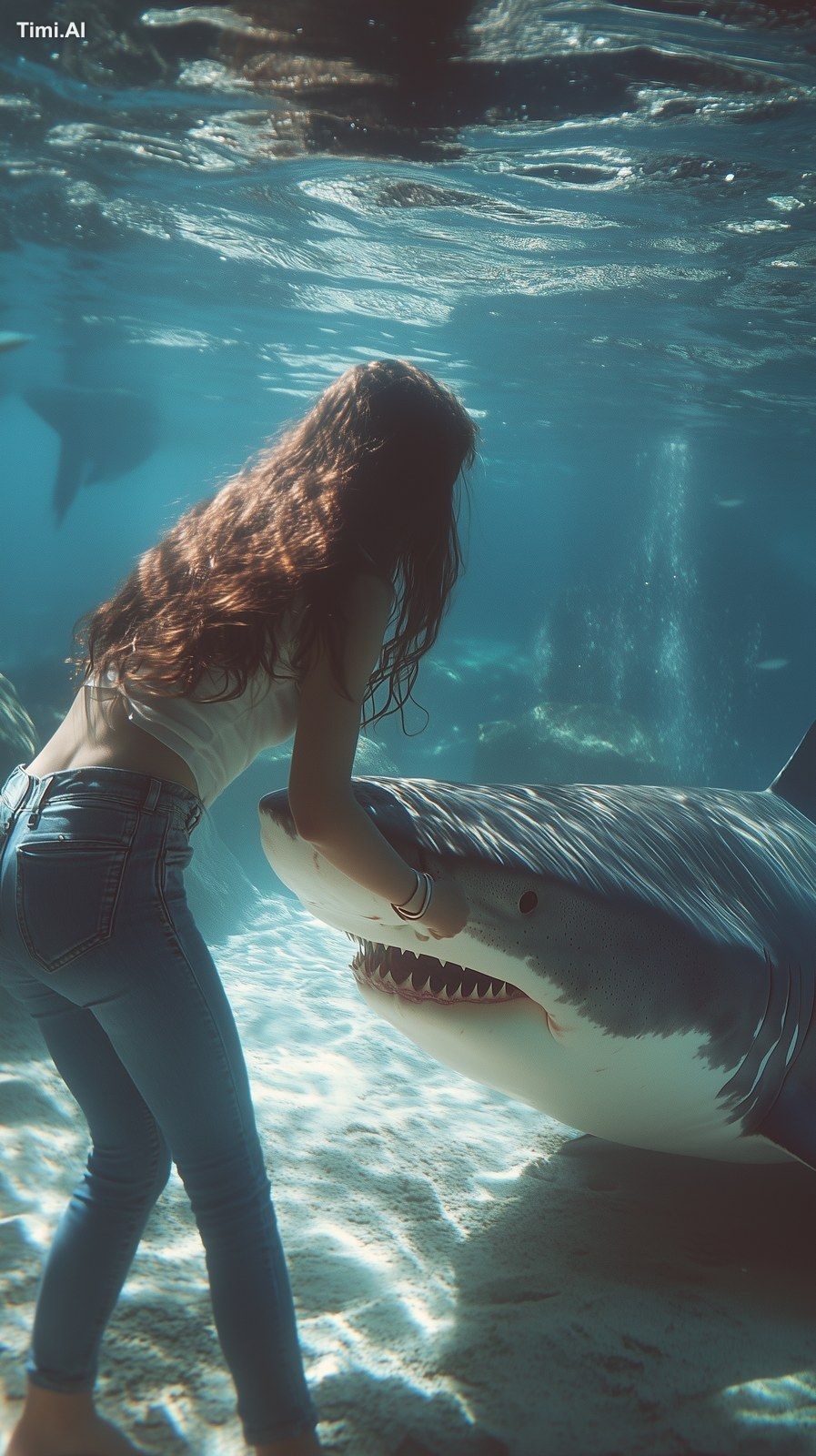 cinematic shot of a gigant shark with a woman friendly interacting unde…