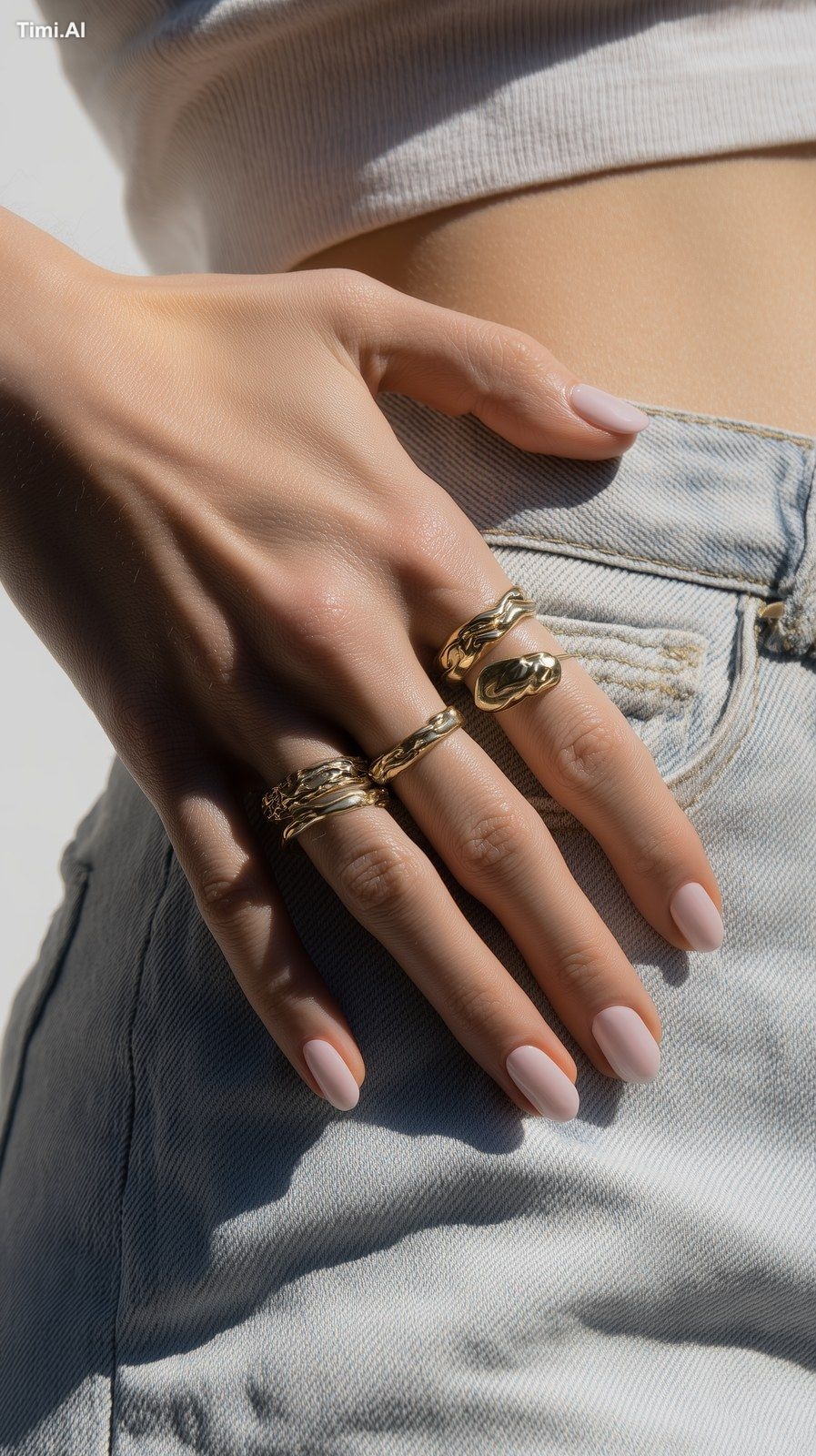 A hyper-realistic close-up of a white woman’s hand resting on the back …