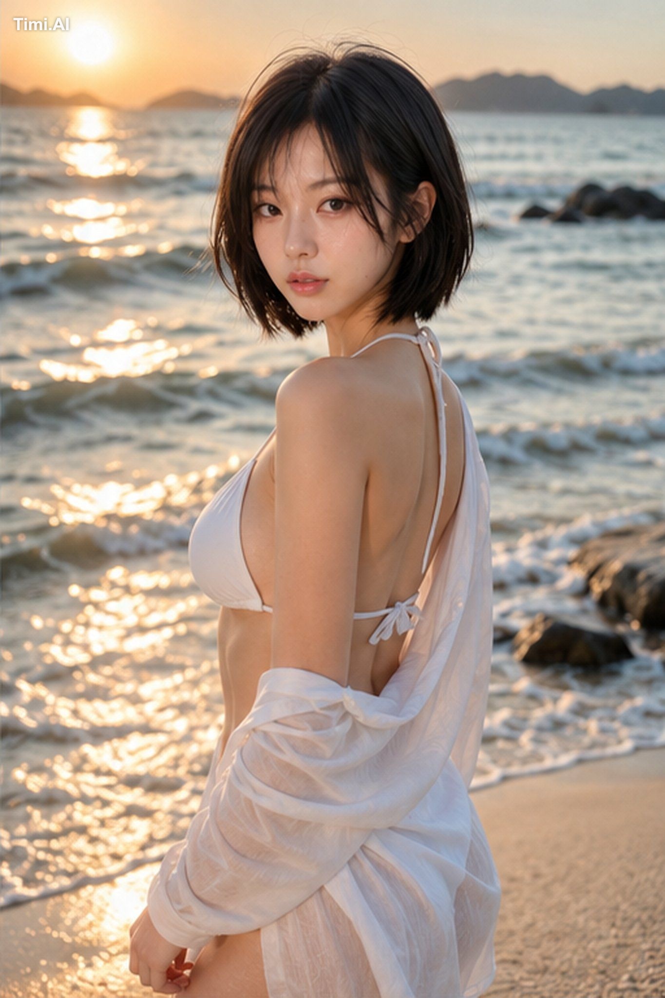 A photorealistic beach lifestyle portrait of a young adult East Asian w… 2