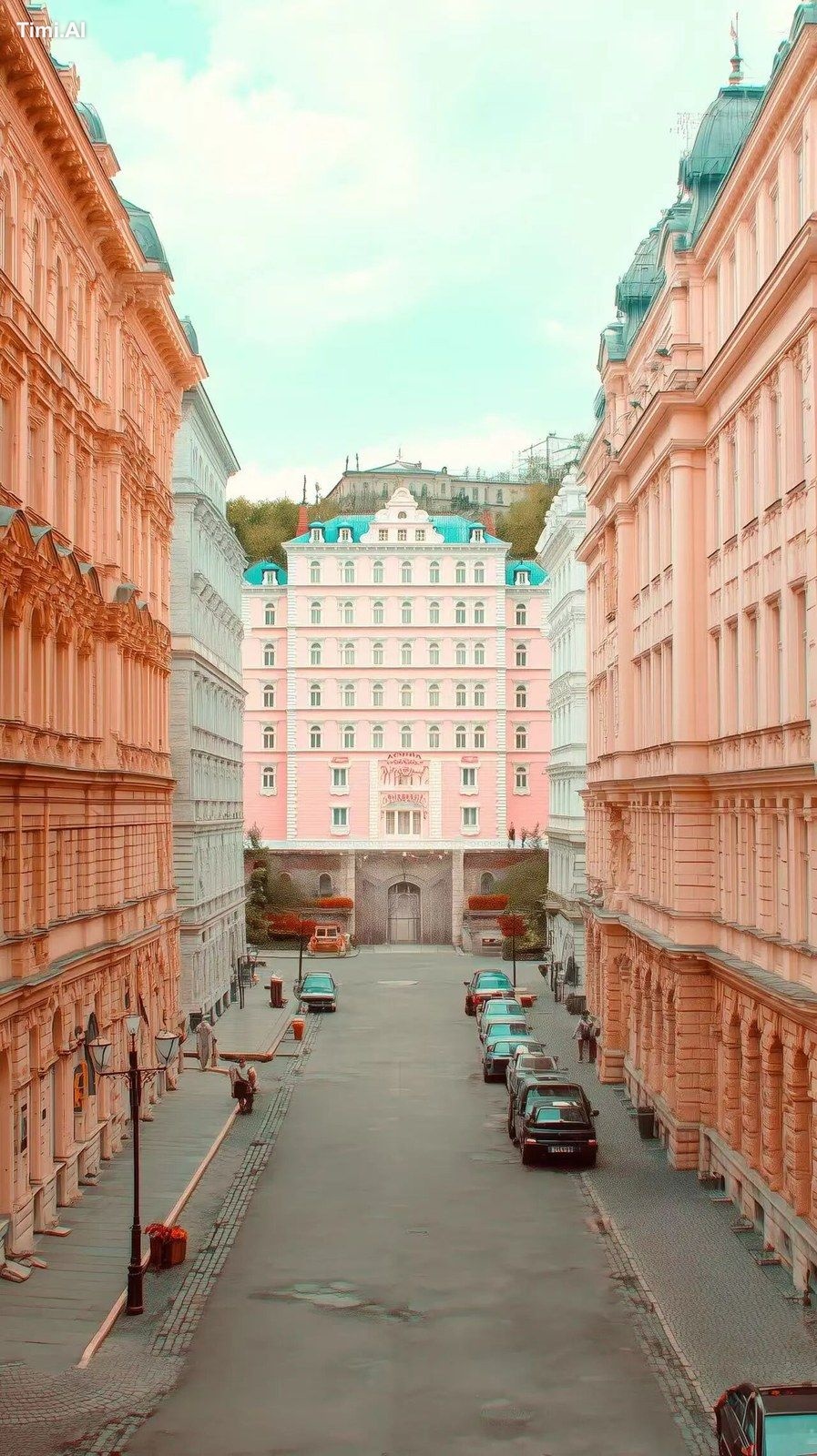 street from the movie the grand budapest hotel, in the distance you can…