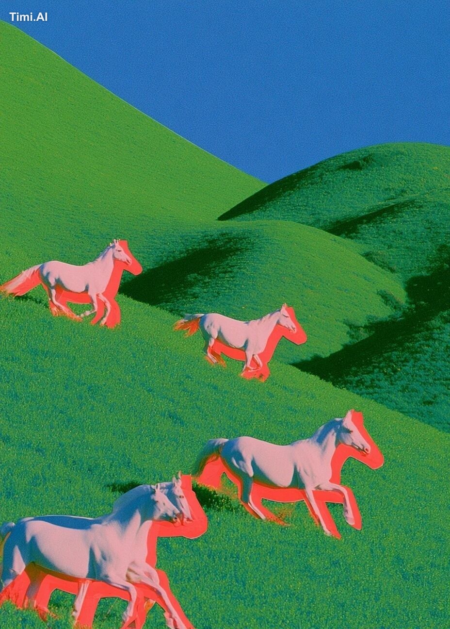 horses running drone view, collage style paper --chaos 30 --ar 58:81 --…