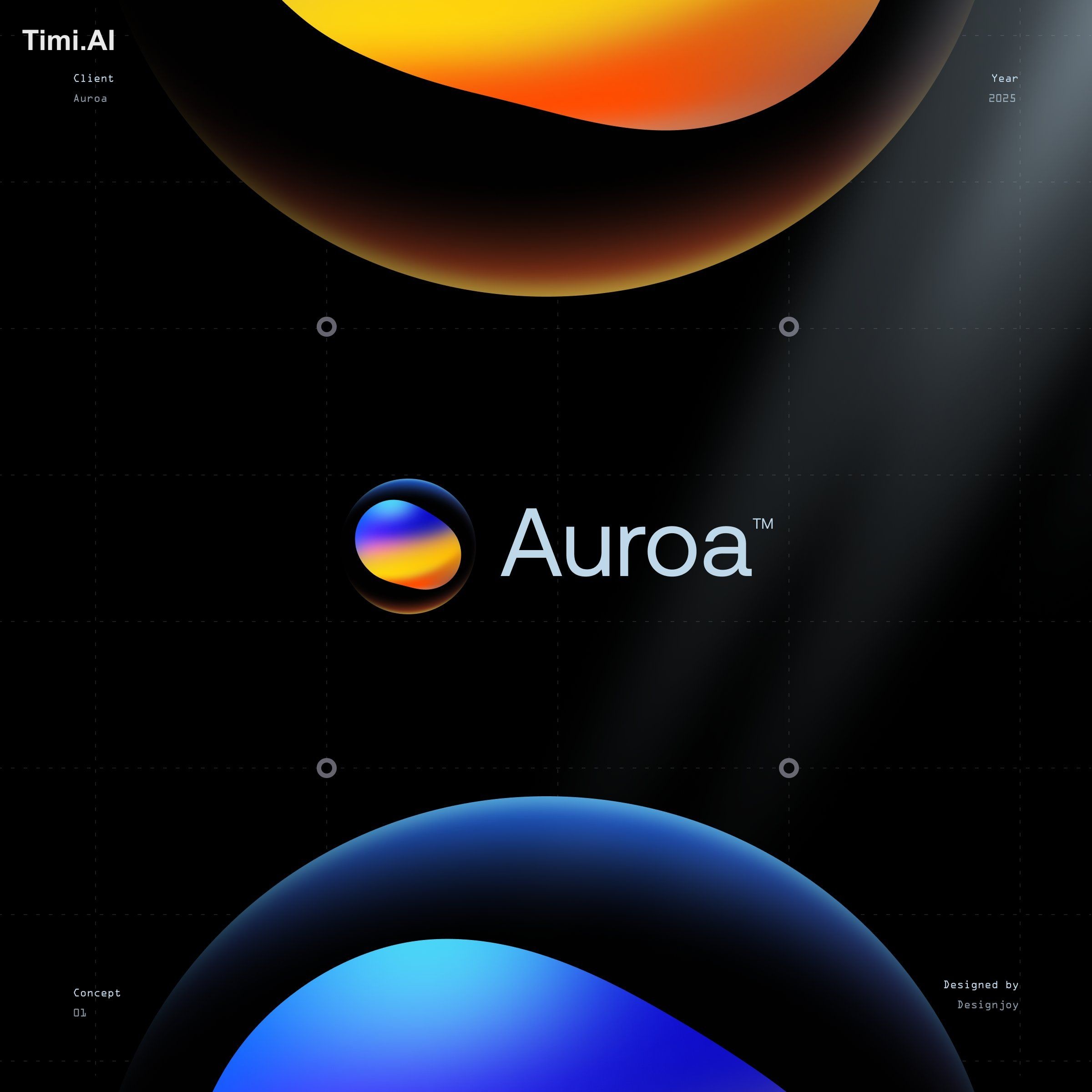 A single sphere of blue, purple and orange light on a black background.…
