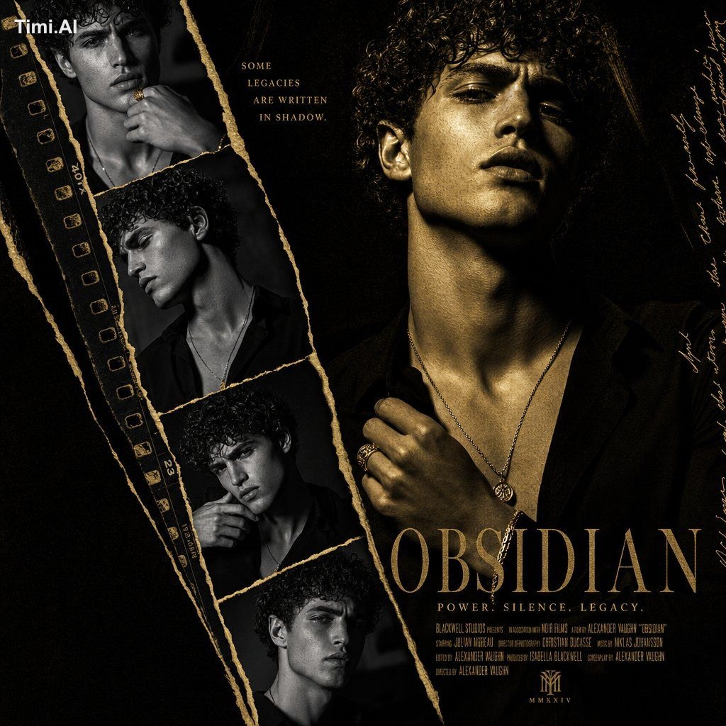 Design a high-end cinematic collage poster using torn diagonal film str…