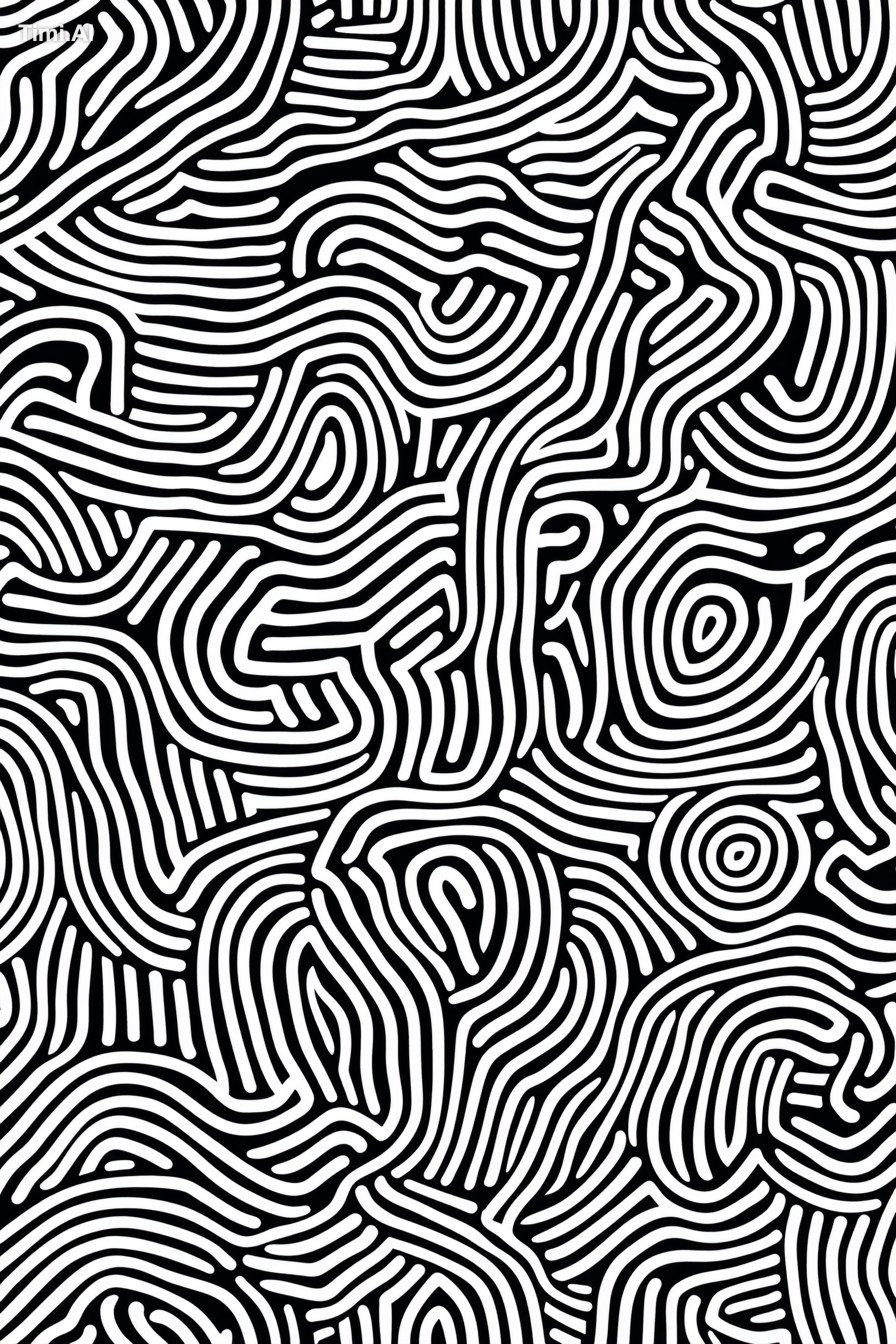 Black and white line art pattern with small, dense lines forming an abs…