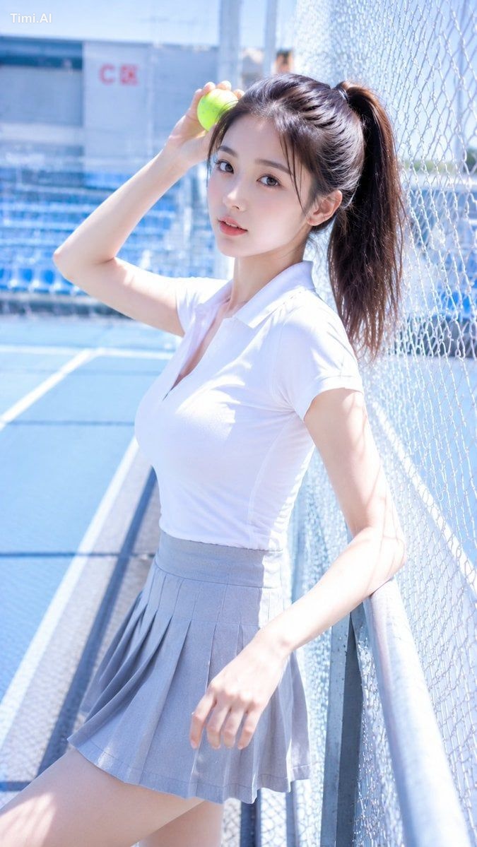 摄影风格：冷白清透CCD生活照风 写真方向：清爽生活照 场景方向：户外网球场外侧 / 白色围网 / 浅蓝看台 / 明亮球场边 服装方向：冷白色…