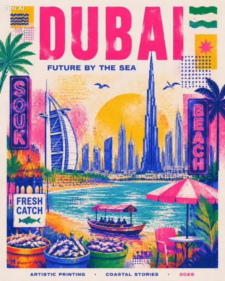 Create a stylish modern travel poster inspired by risography about DUBA…