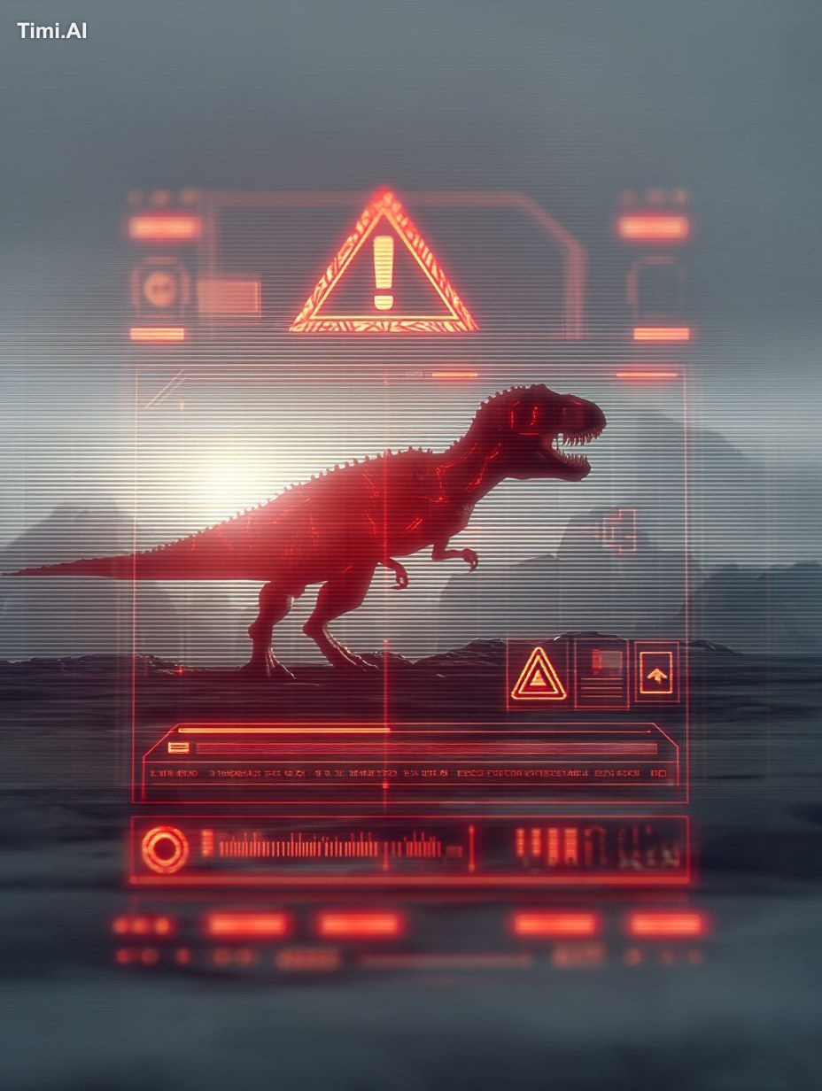 A sci-fi HUD screen showing a warning. T-Rex Dinosaur. Alarm symbols. -…