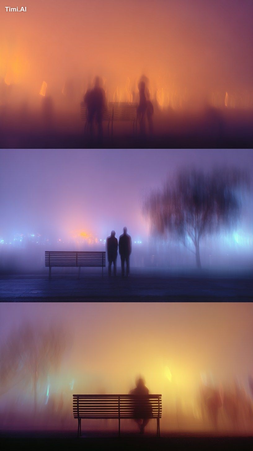 Three layers of summer park: people as ghosts in ORANGE SUNSET haze (to…