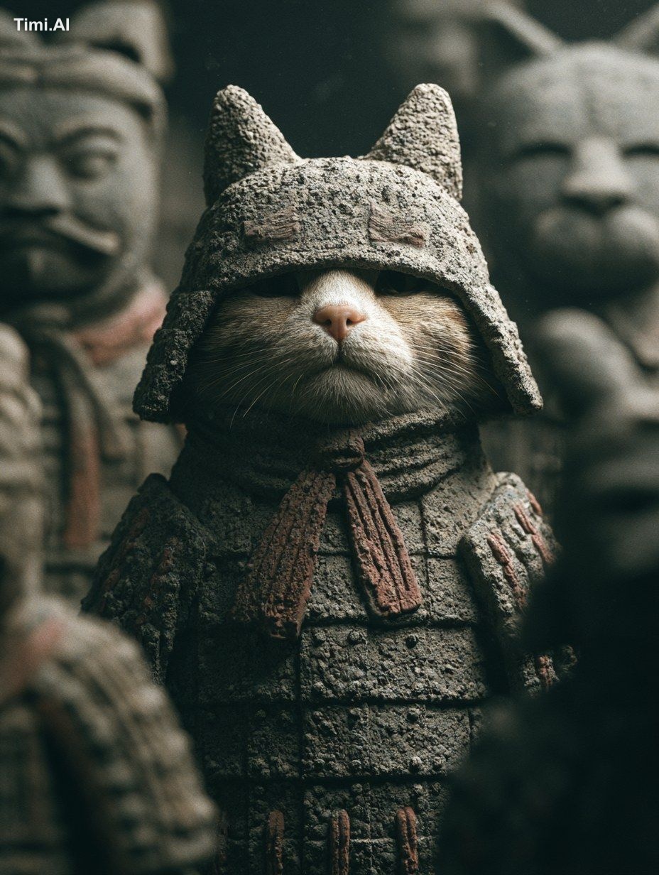 Anthropomorphic cat terracotta warrior statue with a human-like body, s…