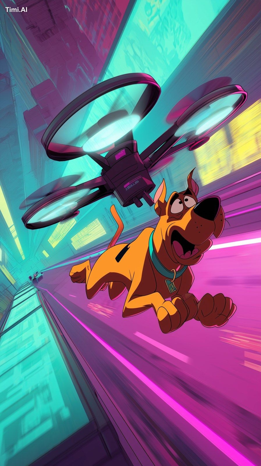 Scooby-Doo chasing a futuristic drone over a neon highway, cyberpunk ae…