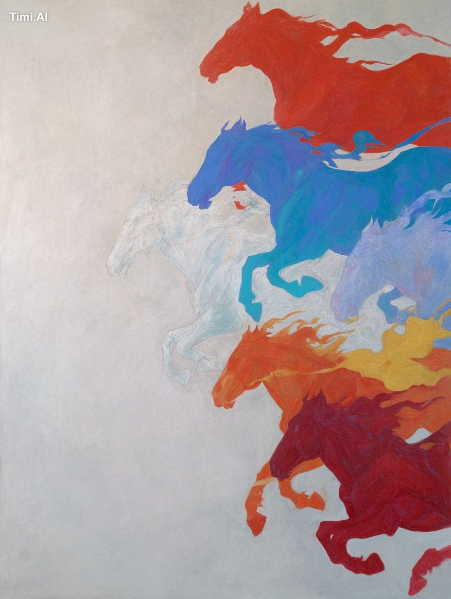A minimalist Fauvist painting of Tibetan Wind Horses bursts with spirit…