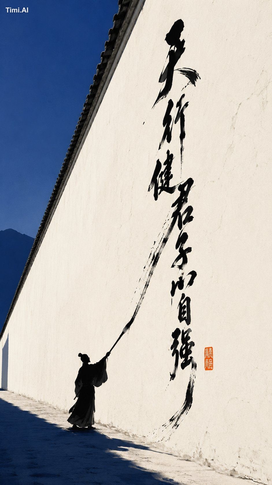 主题方向：东方禅意极简海报 风格分支：高对比传播型 主体内容：一位站在长墙前挥笔书写的人物剪影 情绪母题：表达、气势、清醒、文气张力 场景与意…
