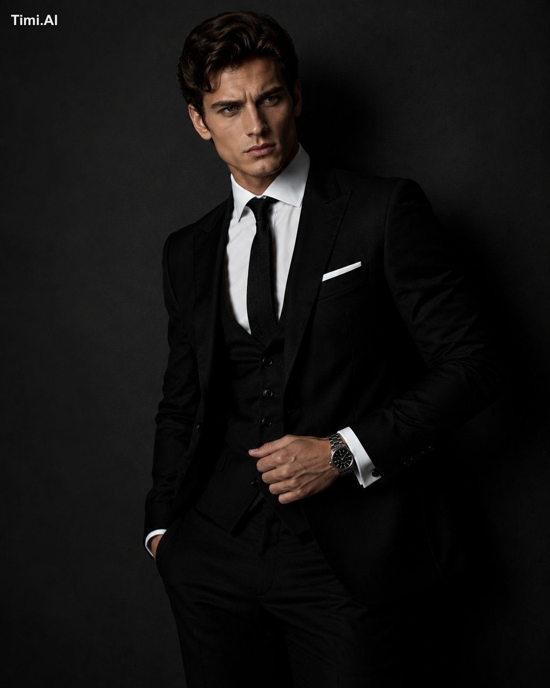 A handsome young European man in a high-end fashion studio photoshoot, … 1