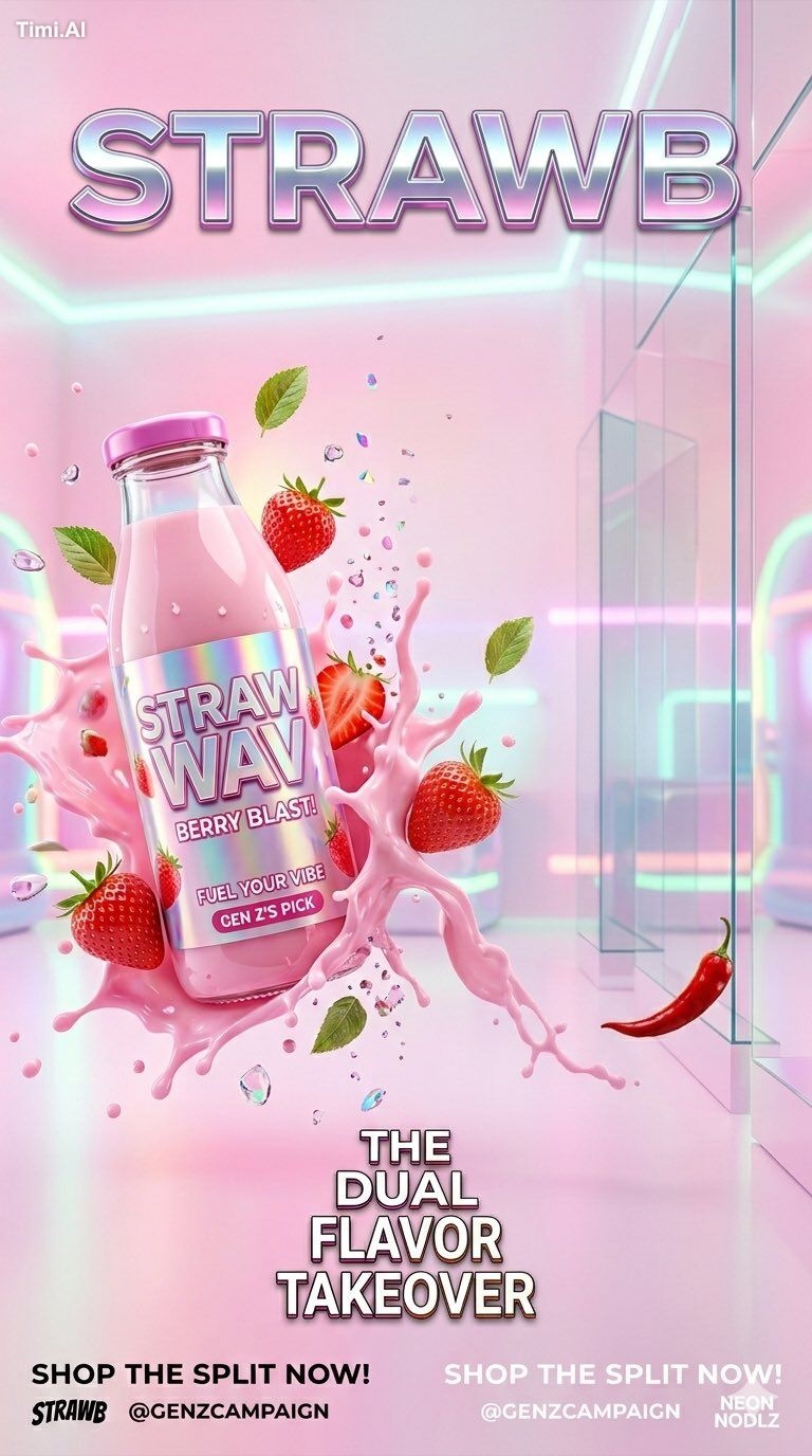 Create a split screen Gen Z FMCG advertising campaign poster featuring …