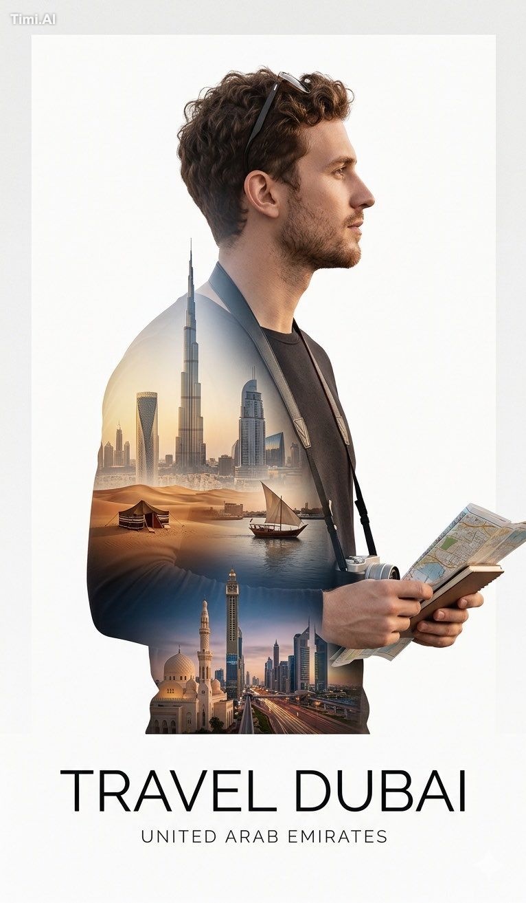 Create a minimalist double exposure travel poster for DUBAI. **Main Sub… 1