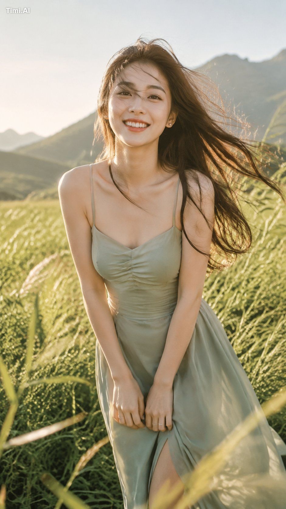Generate a 9:16 vertical photorealistic summer breeze portrait of a bea…
