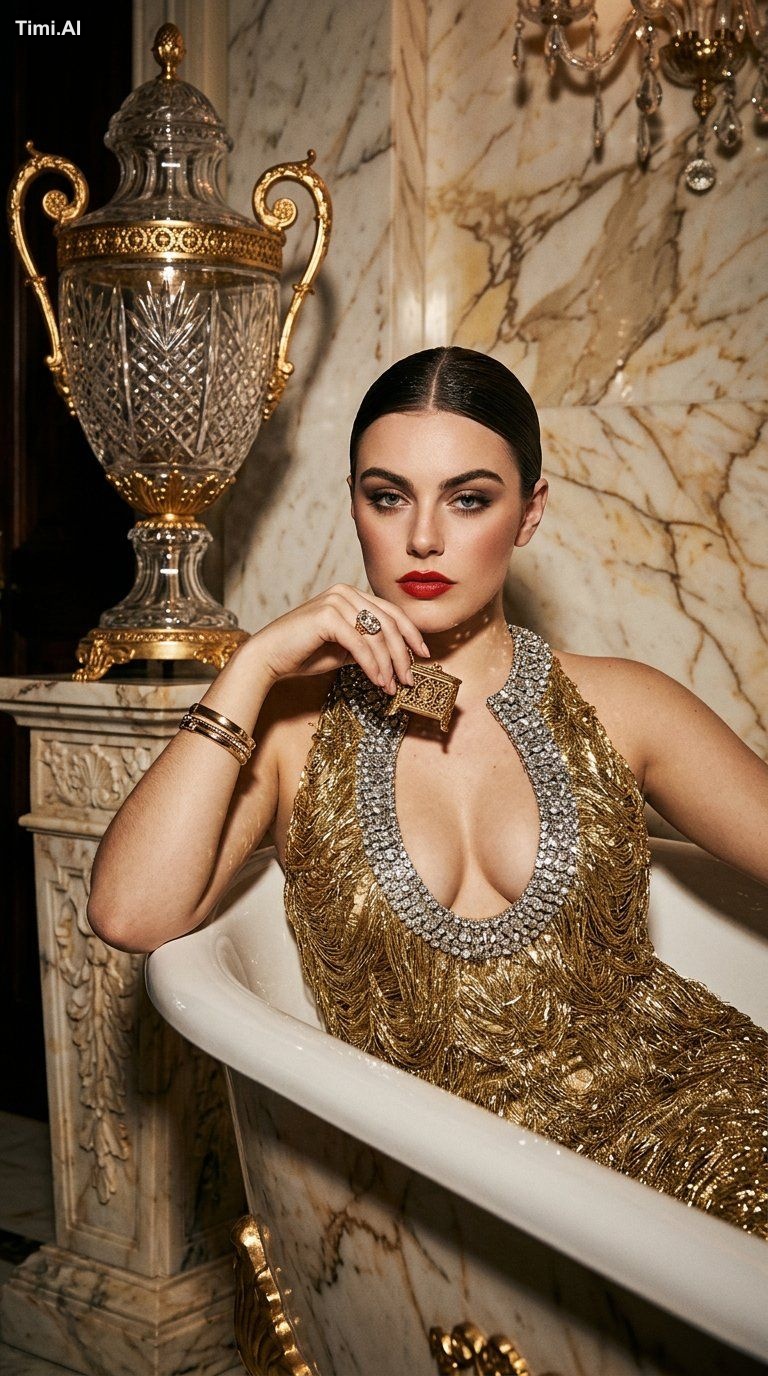{ "scene": "High-fashion editorial portrait in a luxury estate", "subje…