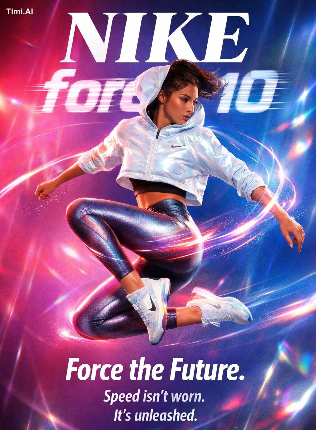 A dynamic fashion advertisement for Nike showing a hyper-realistic mode…