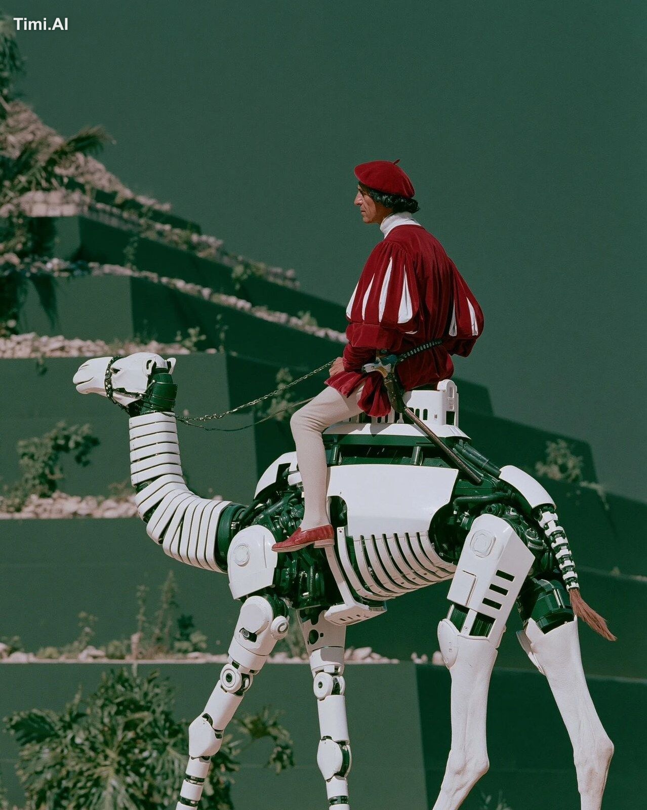 A Cowboy Shot of a passionate Renaissance painter riding a sleek, chrom…