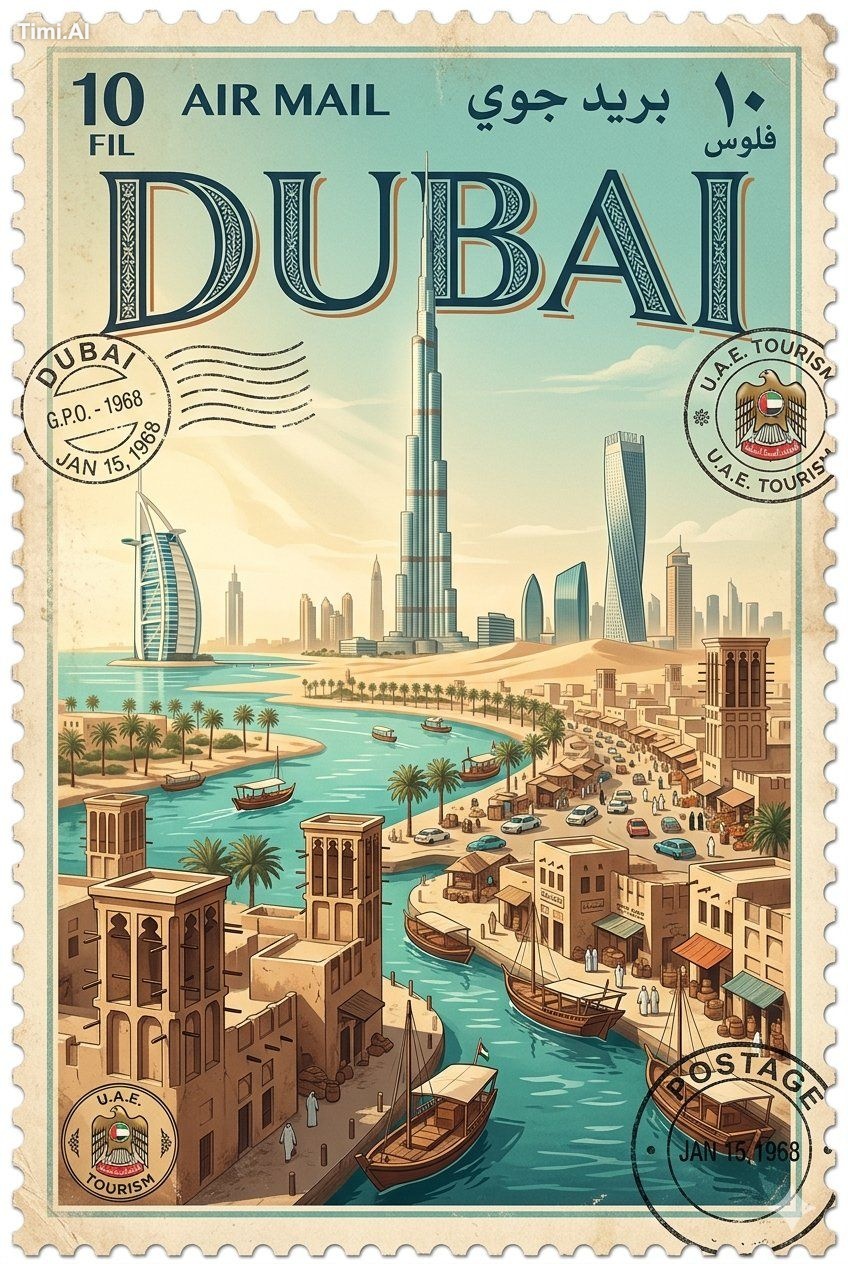 Create a vintage travel postage stamp poster featuring [CITY/COUNTRY]. …