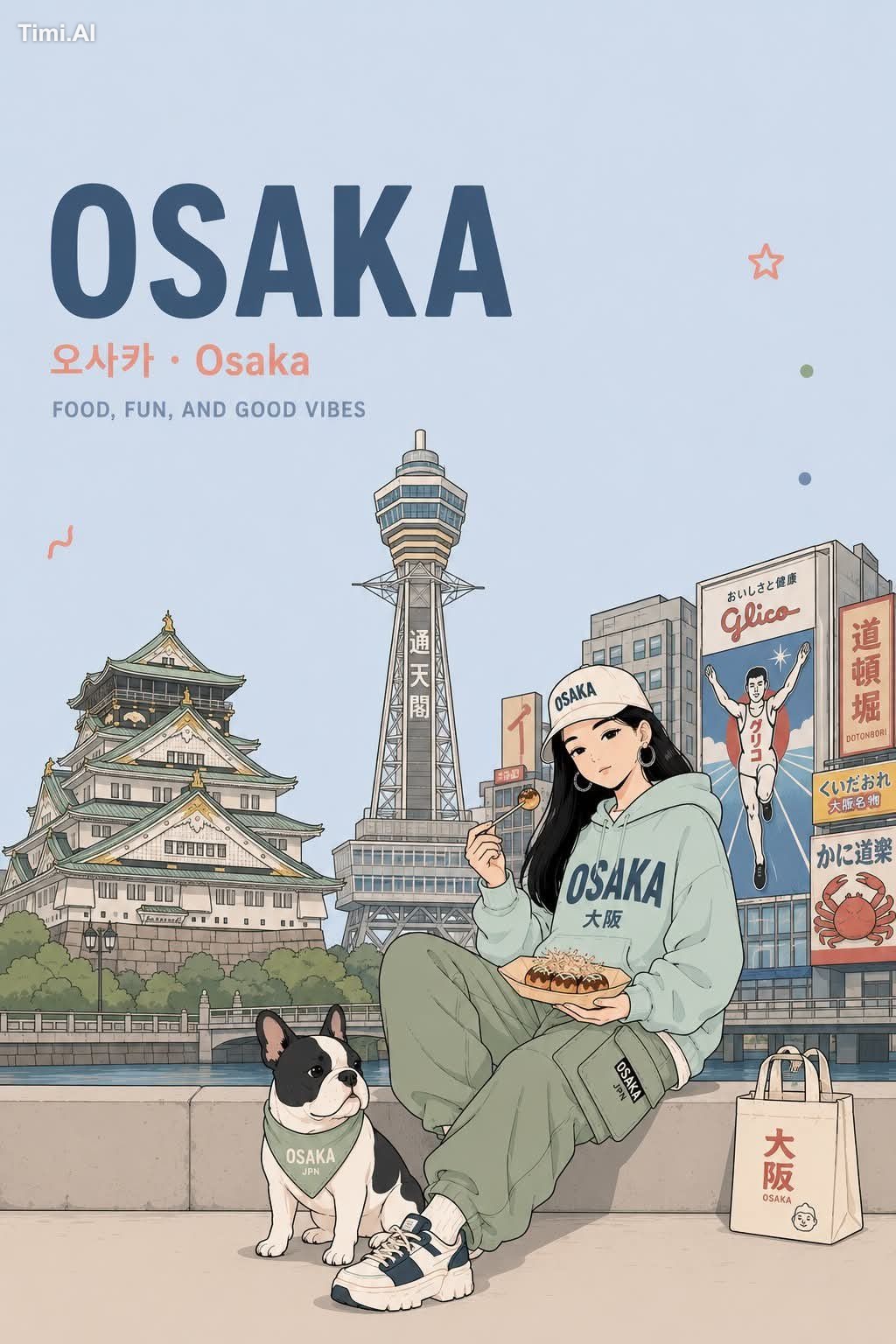 Anime travel poster illustration in a clean pastel aesthetic, portrait …