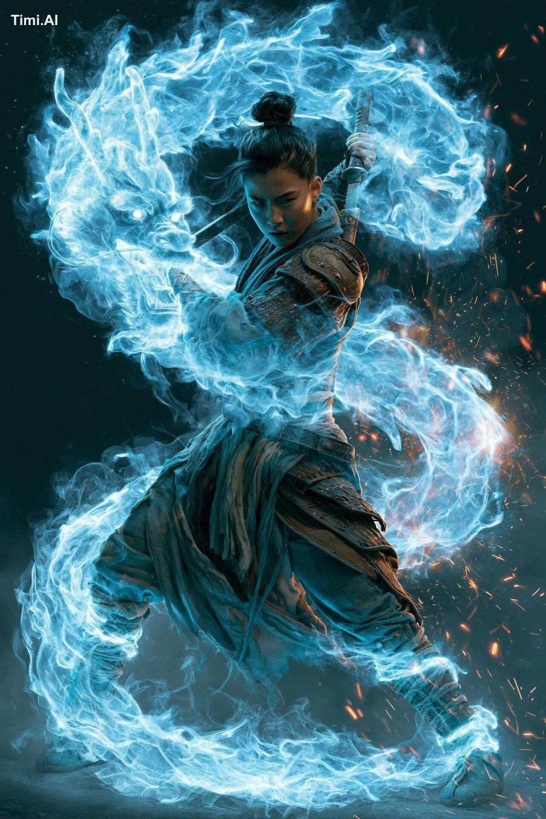 A fierce young female warrior standing in a dynamic battle pose, wearin…