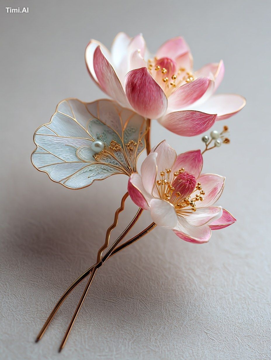 pink and white gradient lotus flowers on a fan-shaped hair pin, with a …