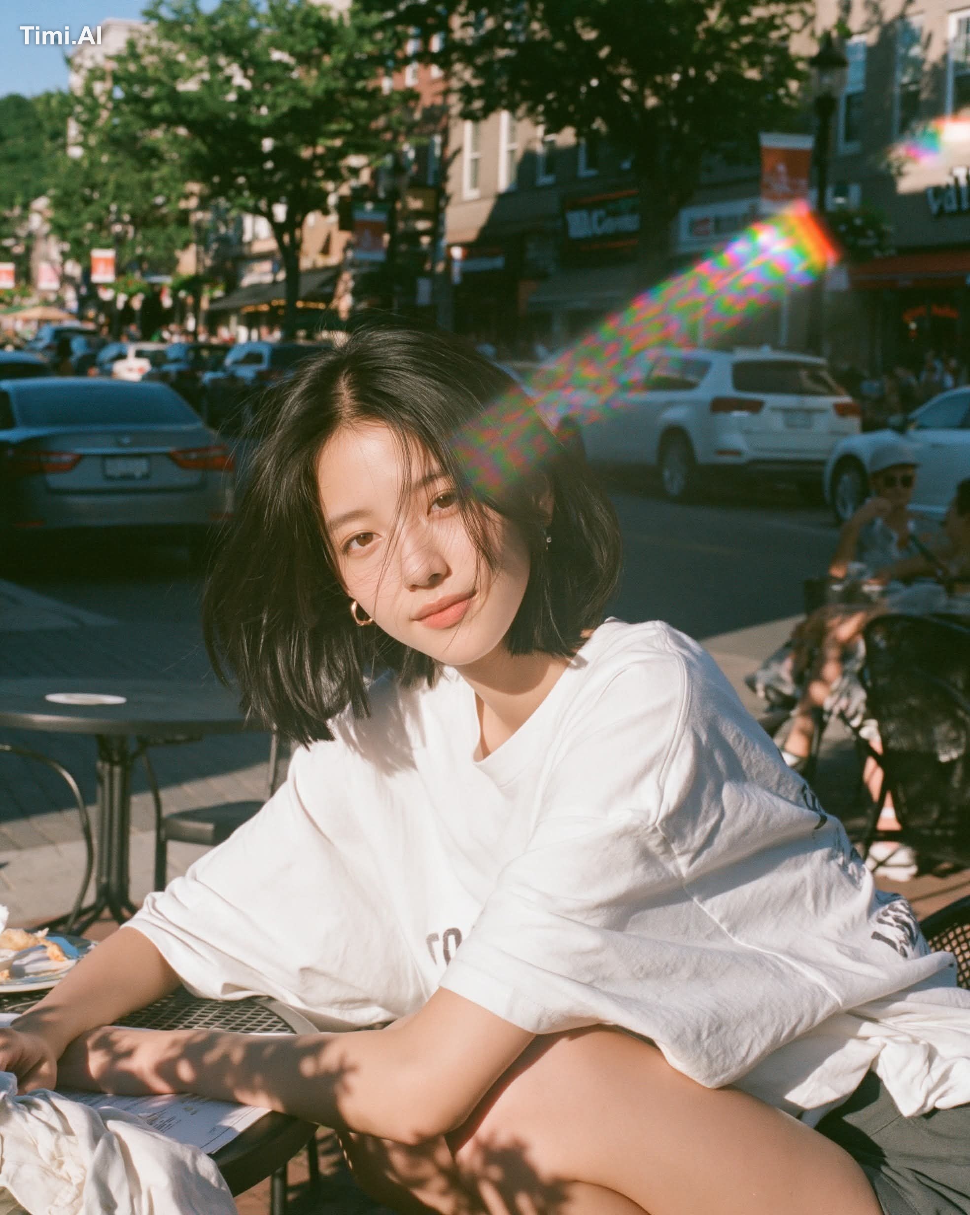 warm sunlit film portrait, young woman sitting relaxed at a small café … 2