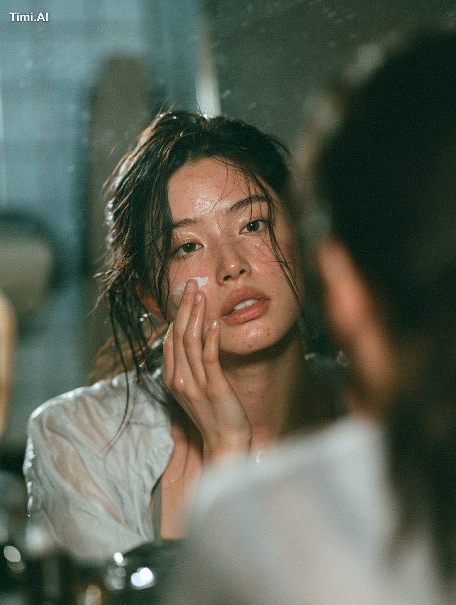 23-year-old East Asian woman, natural bare-faced complexion, damp hair …